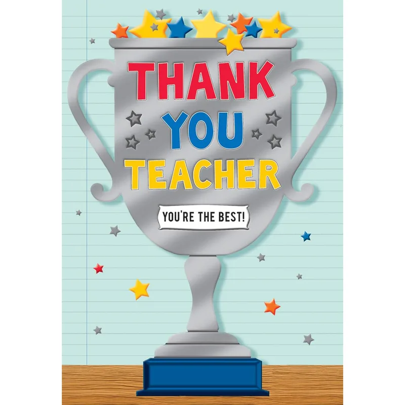 Trophy Stars Blue Teacher Card: A Silver Trophy Design for Educators