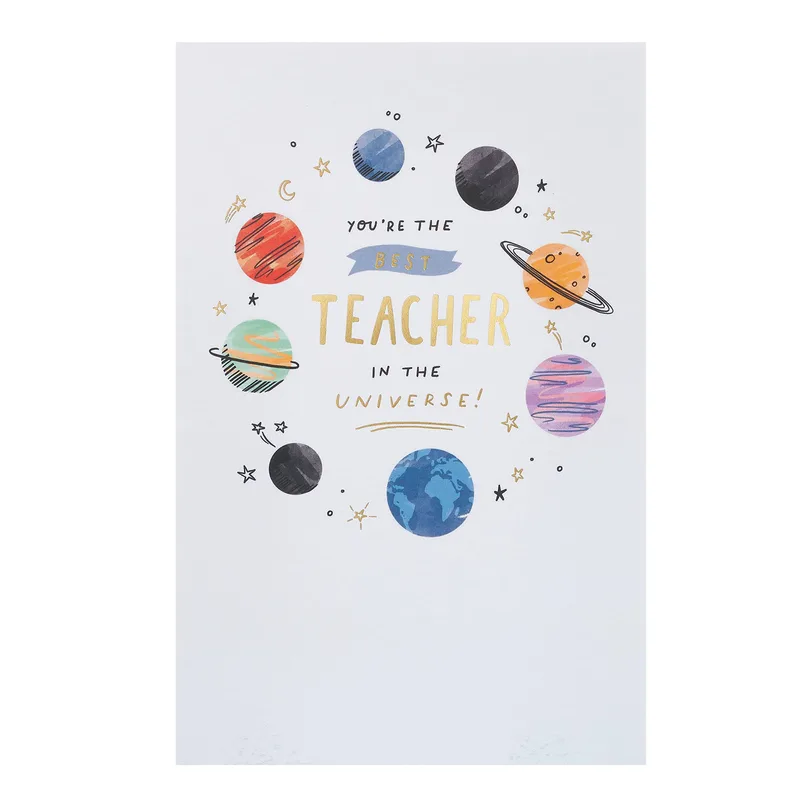 Planets White Teacher Card: Best Teacher in the Universe