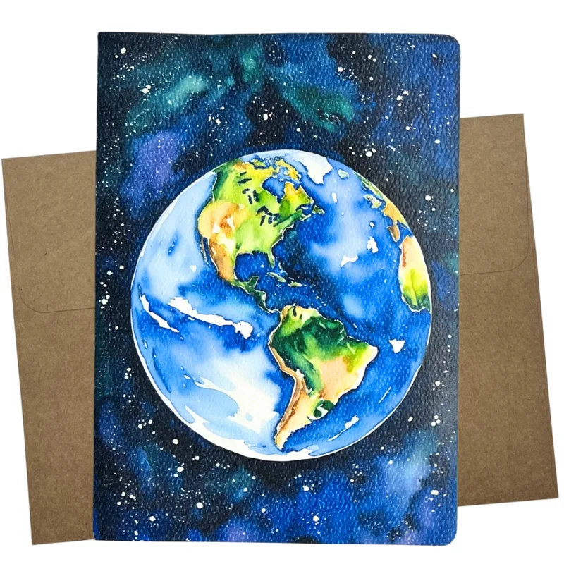 Watercolor Earth Globe Blue Card: A Space-Themed Thank You Note