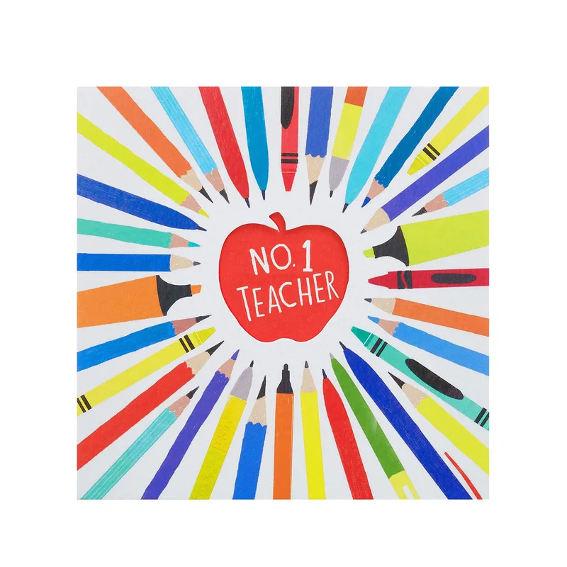 Rainbow Pencil Sunburst Teacher Card for the Best Educator