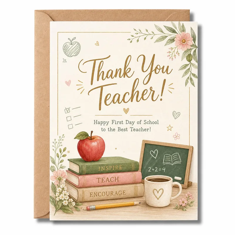 Books Apple Coffee Teacher Card: A Watercolor Thank You Design