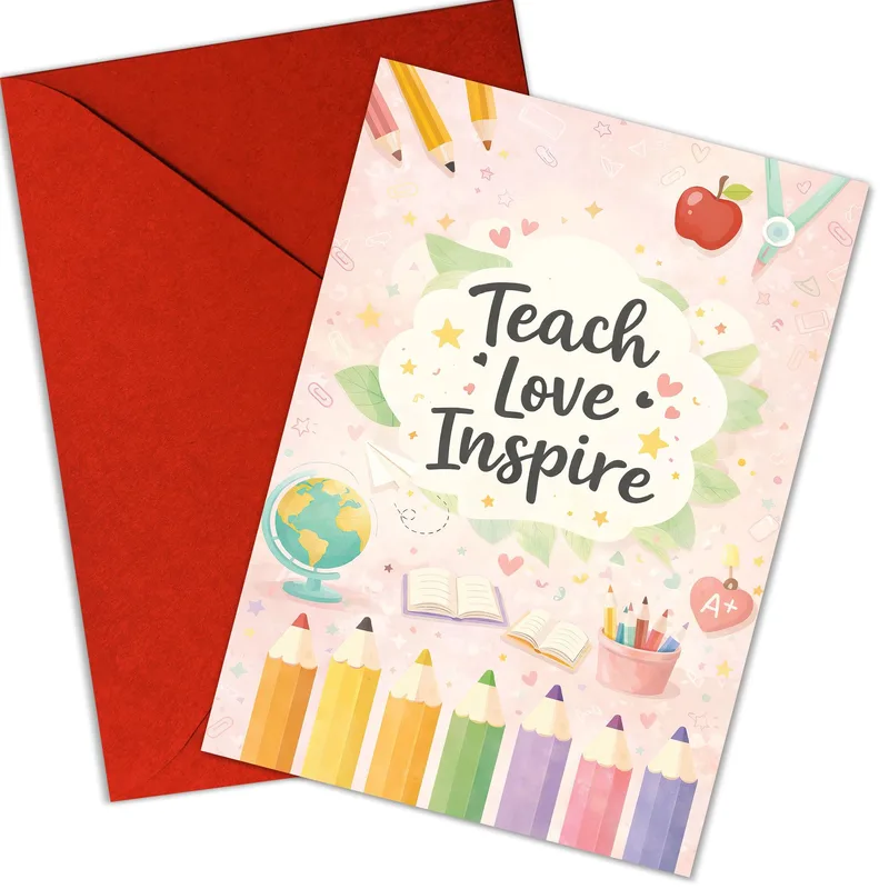 Pink Pencils Floral Teacher Card: Teach Love Inspire Design