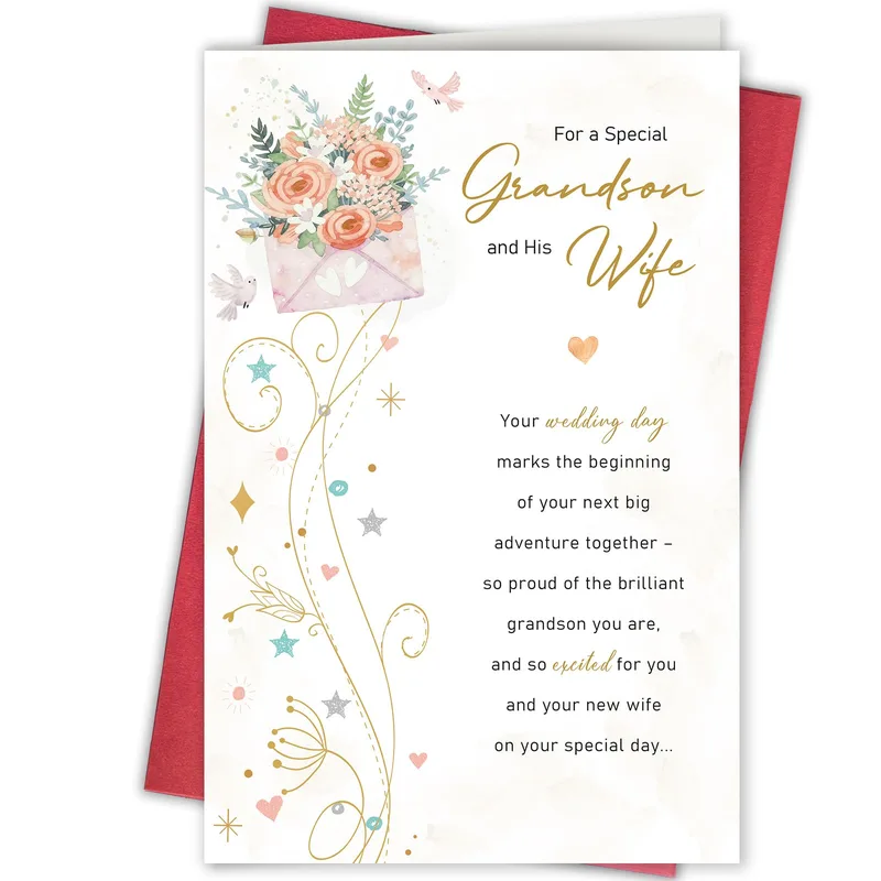 Grandson Wedding Card with a Peach Floral Envelope