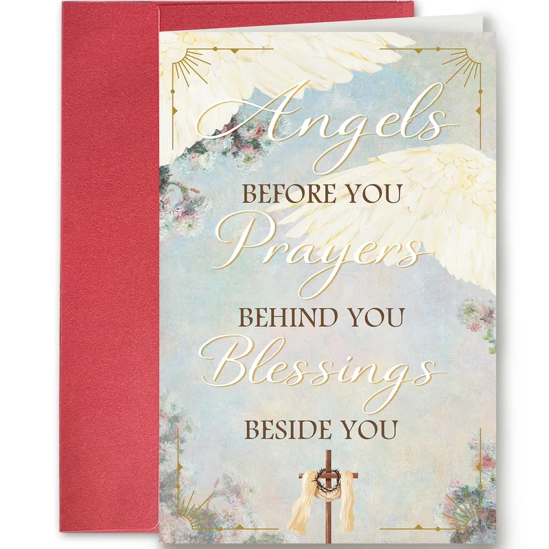 Angels Before You Card – Angel wings and cross with printed verse Angels Before You – Greeting Card in black
