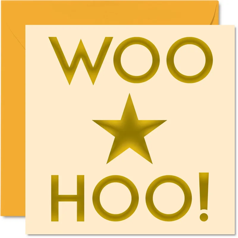 Woohoo Celebration Card – Gold WOO star HOO! lettering on cream card – Greeting Card in black