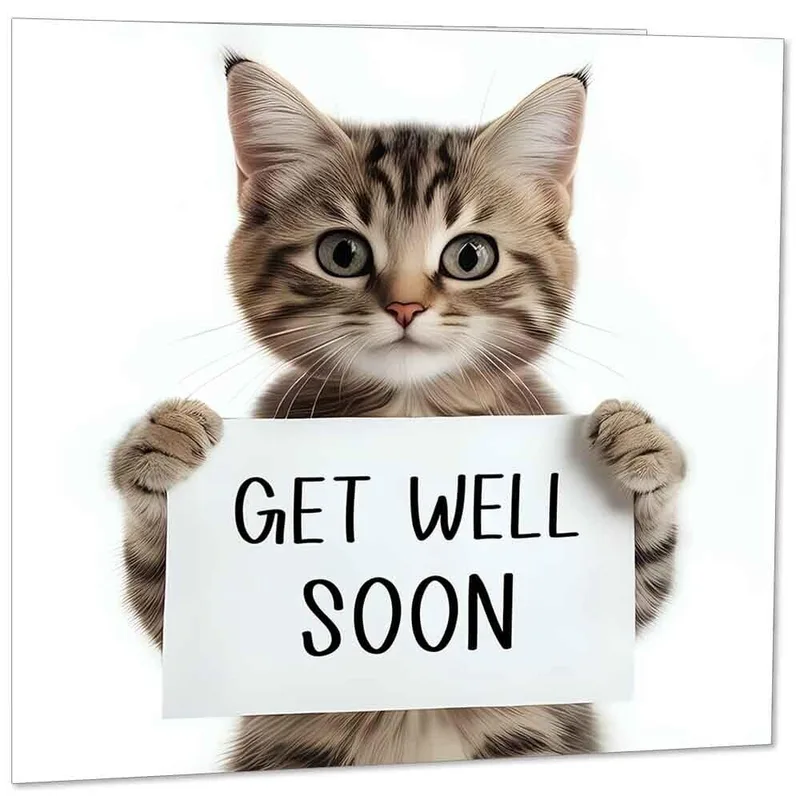 Get Well Soon Kitten Card: A Tabby Holding a Sign