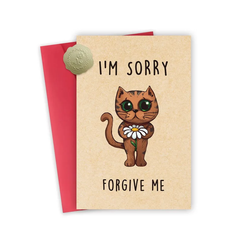 Sorry Cat Card with a Cartoon Cat and Daisy for an Apology