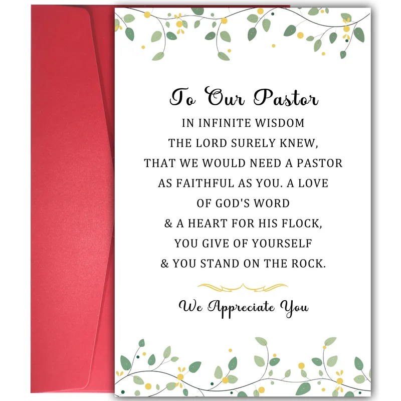 Church Leader Thanks Card – To Our Pastor verse card with green leafy vine border – Greeting Card in black