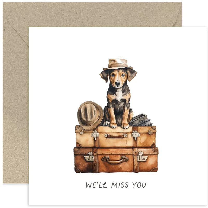 Puppy Travel Miss You Card with a Hat and Luggage