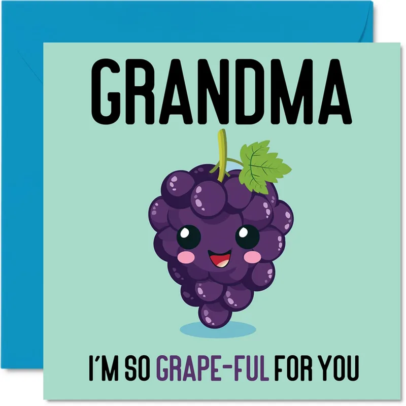 Grandma Grape Pun Card: a purple grape with a grin