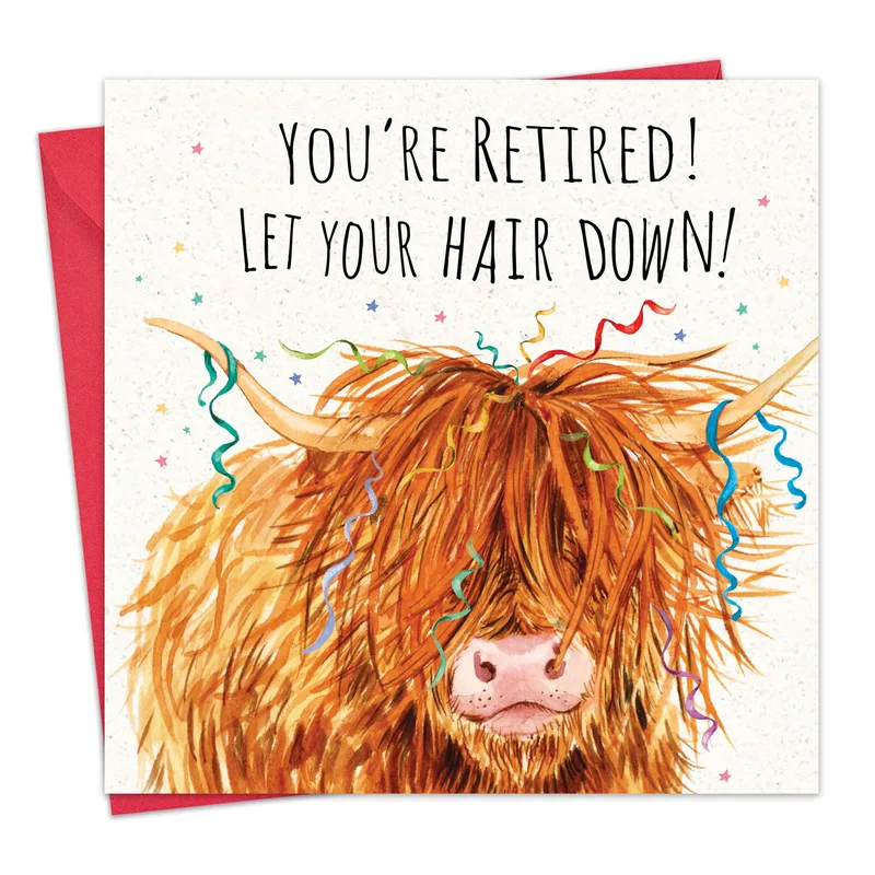 Retired Highland Cow Card for a Happy Retiree
