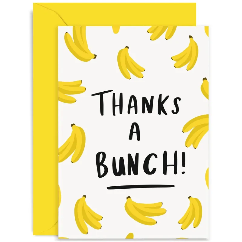 Banana Thank You Card – Yellow bananas on white with THANKS A BUNCH! printed in black – Greeting Card in black