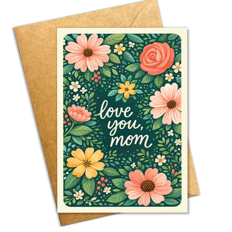 Love You Mom Card with Floral Watercolor Flowers