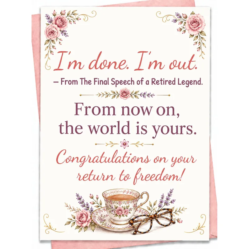 Done and Out Retirement Card for Her, Pink Floral Teacup