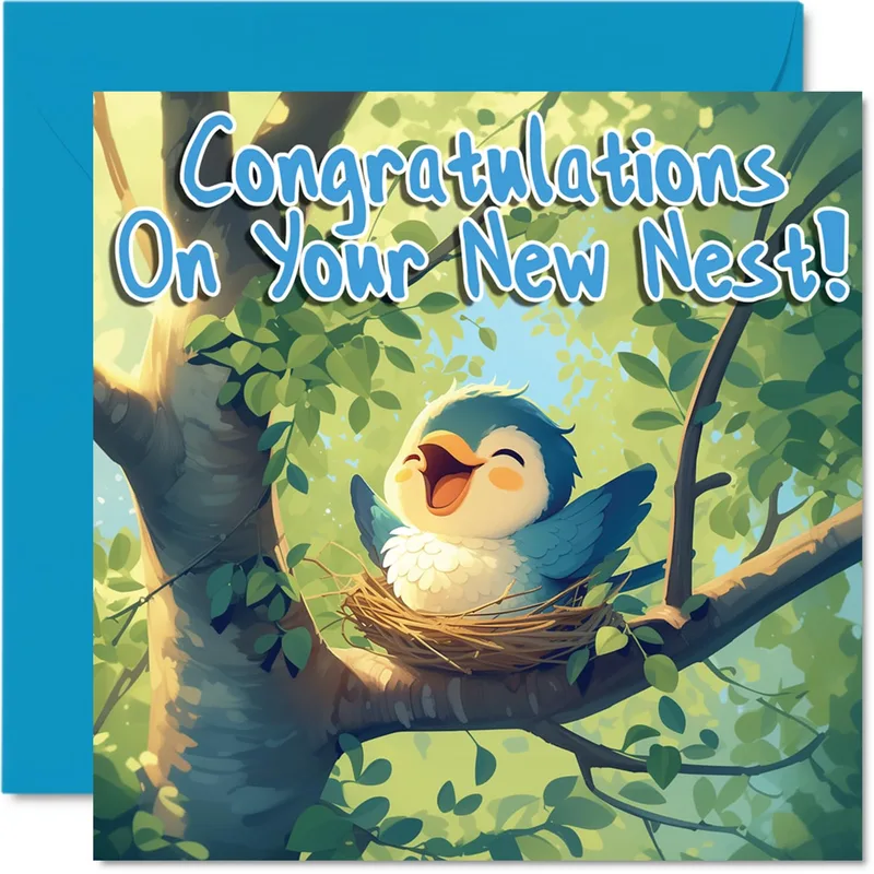 Housewarming Bird Card – Congratulations On Your New Nest printed over a singing blue bird – Greeting Card in black