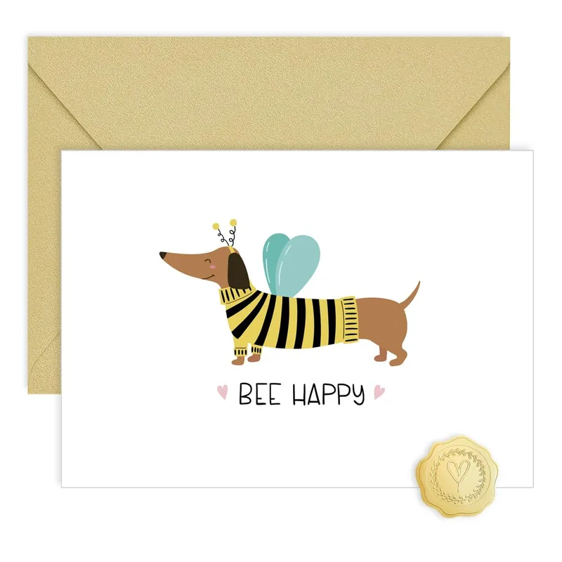 Bee Happy Card – Dachshund in bee costume with “BEE HAPPY” printed below – Greeting Card in black