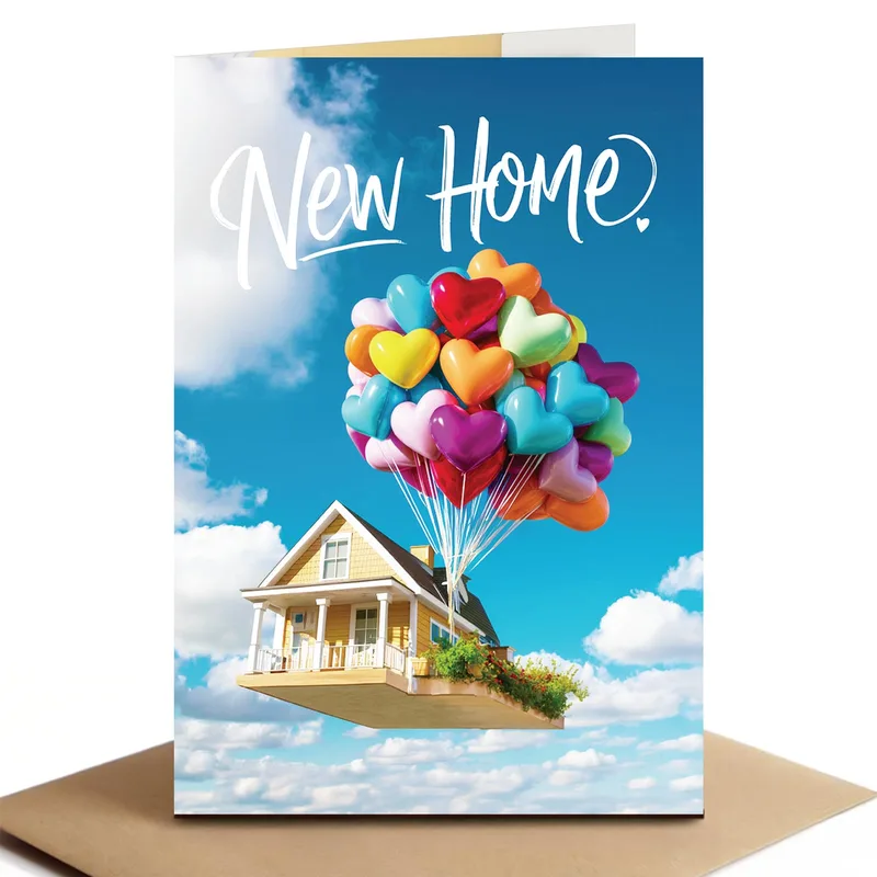 Floating House Balloons Card for a New Home, Cheerful and Bright