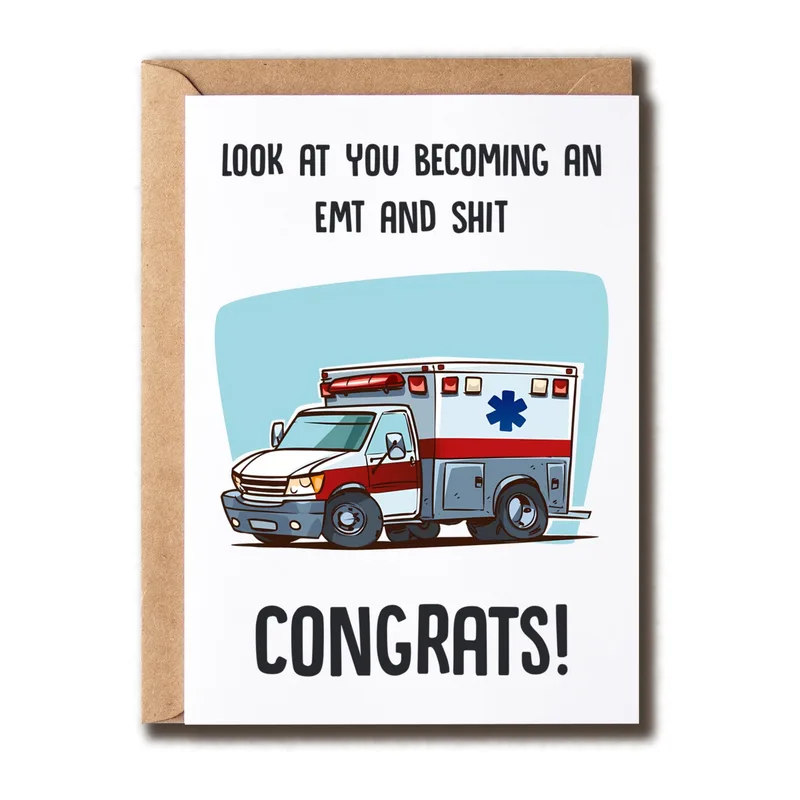 Cartoon Ambulance Illustration Card for a New EMT Graduate