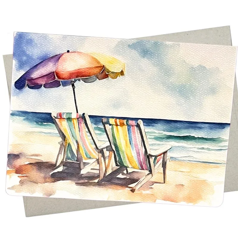 Retirement Beach Chairs Card – Watercolor beach chairs under a striped umbrella by the sea – Greeting Card in natural