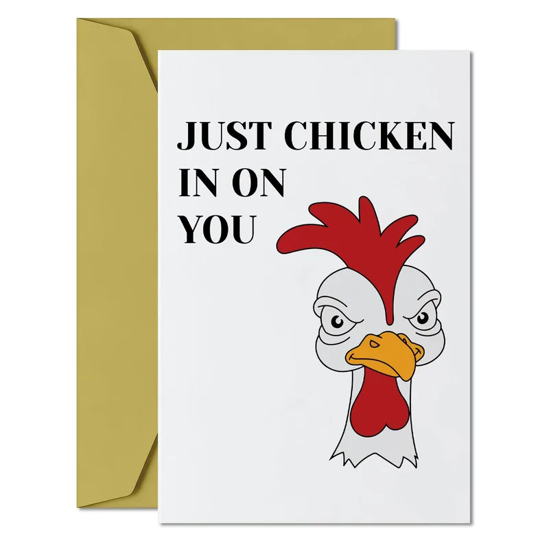 Chicken Joke Card: a grumpy rooster with a bold pun