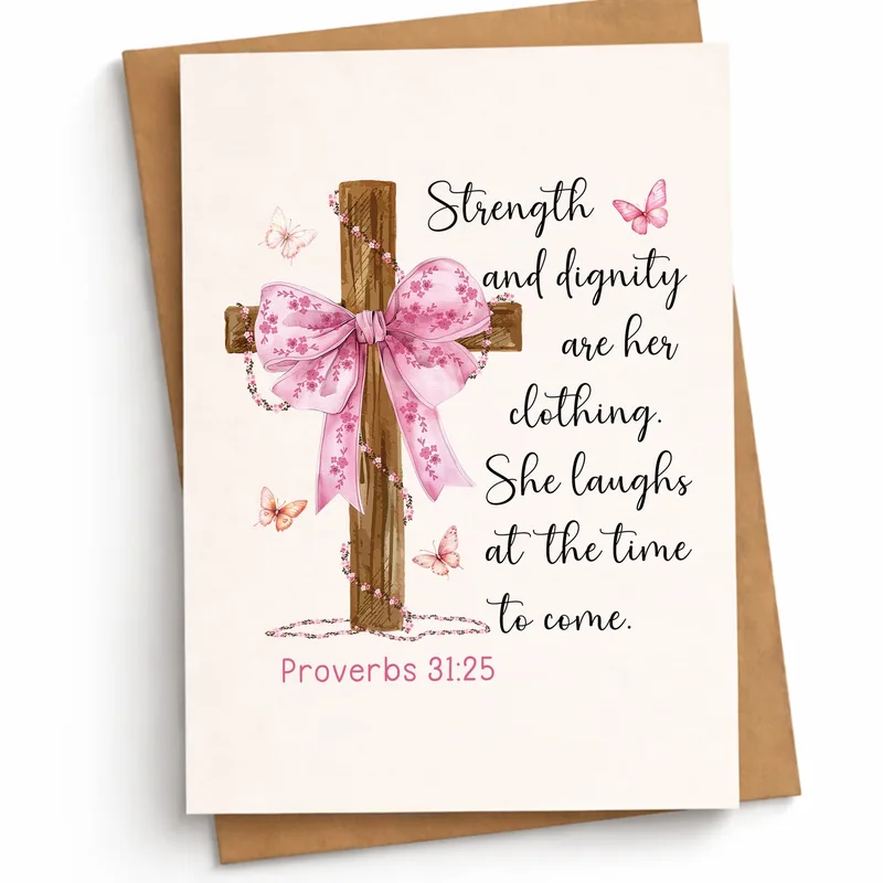 Pink Bow Wooden Cross Card for a Woman Who Stays Strong