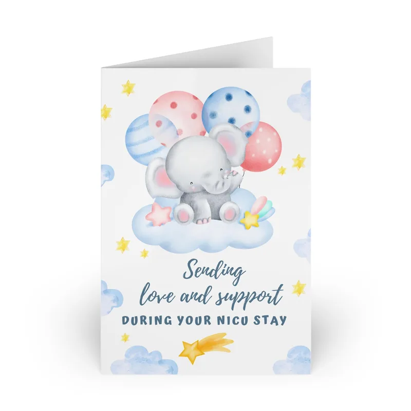 NICU Support Card with a Blue Elephant and Balloons
