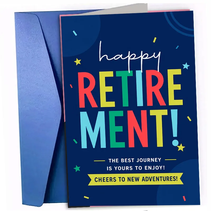 Cheers Retirement Card with Bold Navy and Confetti Lettering
