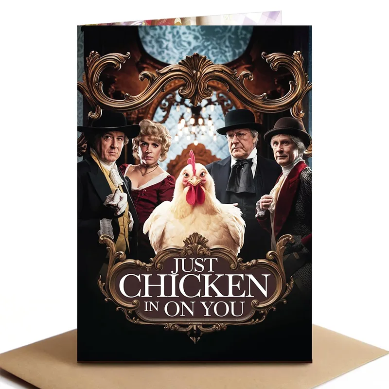 Chicken in Victorian Scene Card: A Cheeky Hello