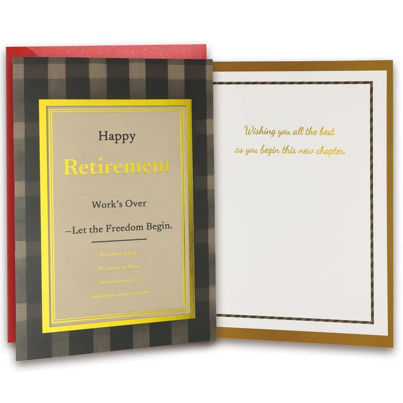 Black Plaid Gold Retirement Card Celebrating Work's End