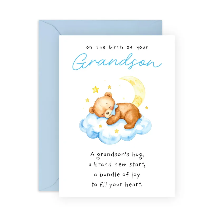 Bear Sleeping Cloud New Baby Card – Greeting Card in natural