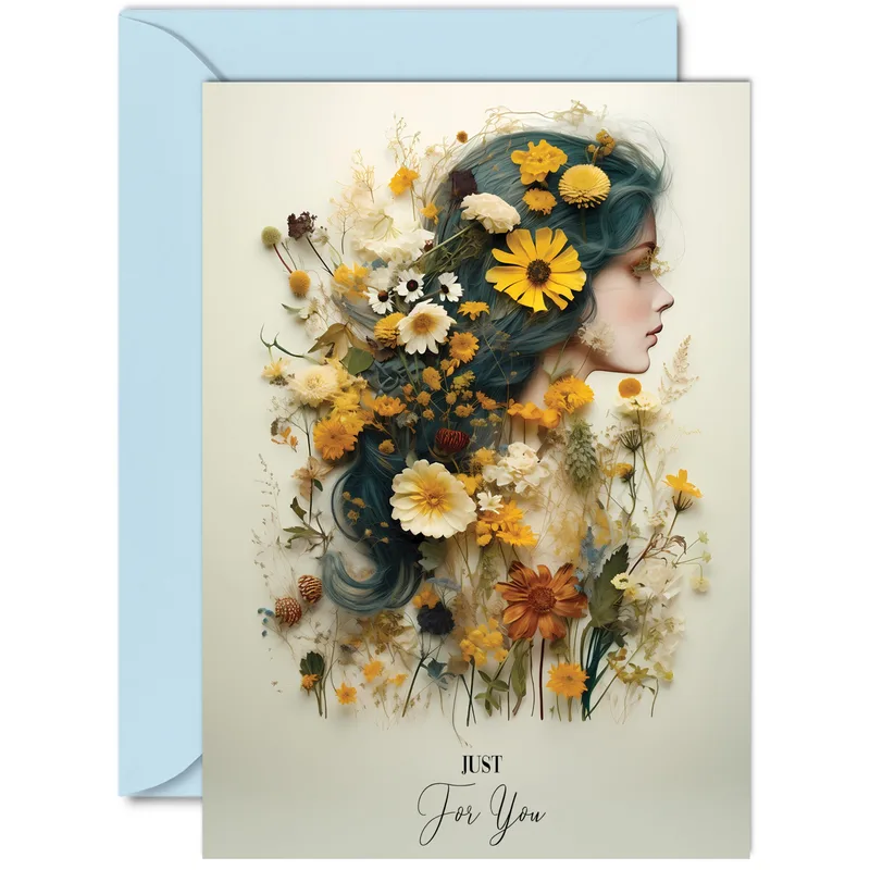 Woman Flowers in Hair Card: A Profile of Blue Waves and Wildflowers