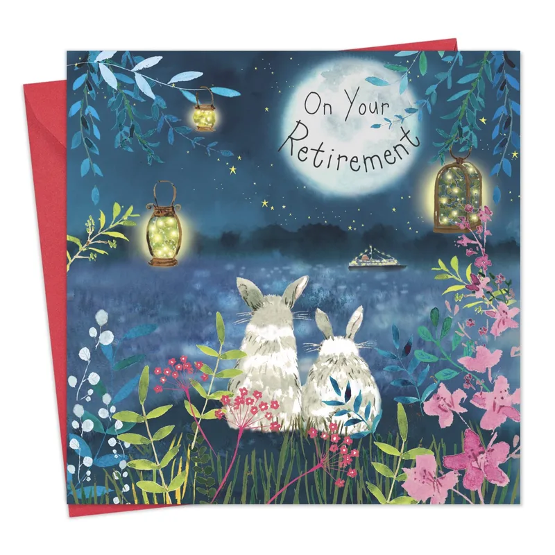 Rabbits Moonlit Garden Retirement Card for a Peaceful Farewell