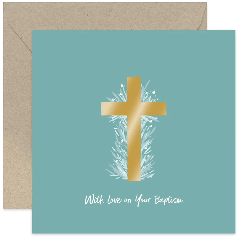 Gold Cross Teal Card for a Meaningful Baptism Celebration