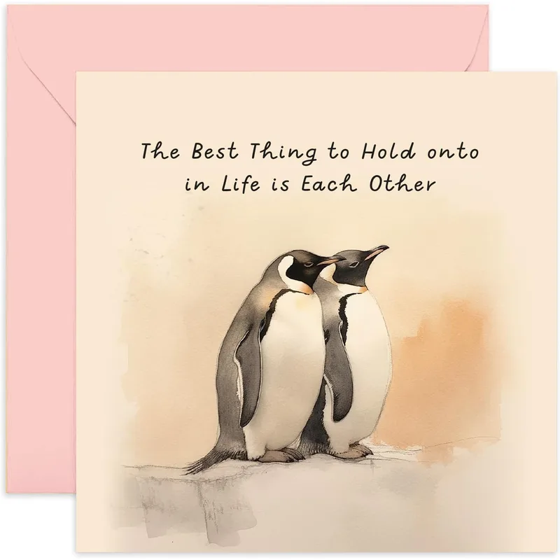 Penguin Couple Love Card: Watercolor Penguins Holding On