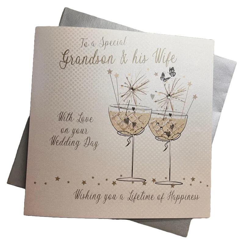 Champagne Glasses Sketch Wedding Card for Grandson and Wife