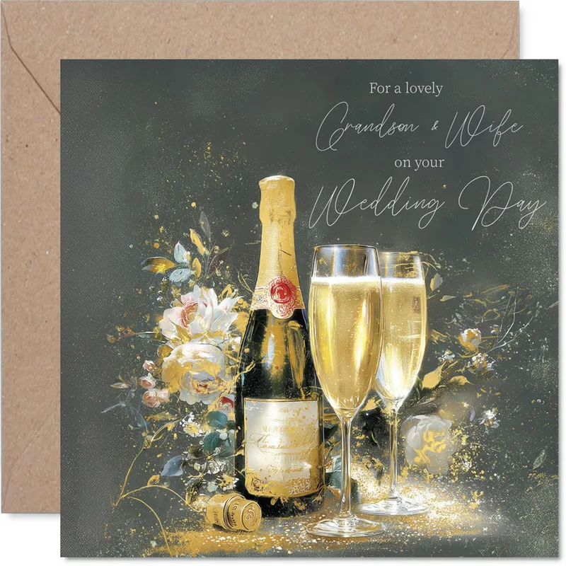 Bottle Gold Glasses Wedding Card for Grandson and Wife