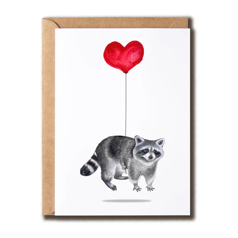 Red Heart Balloon Love Card: Raccoon With Red Heart Balloon Design