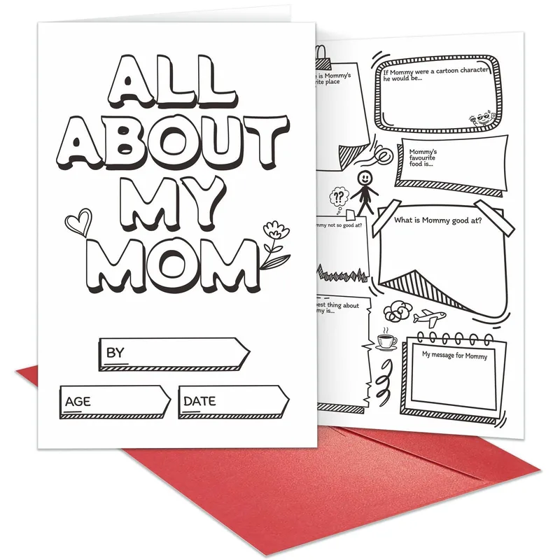 Black Line Art Fill-In Card: All About My Mom Activity Greeting