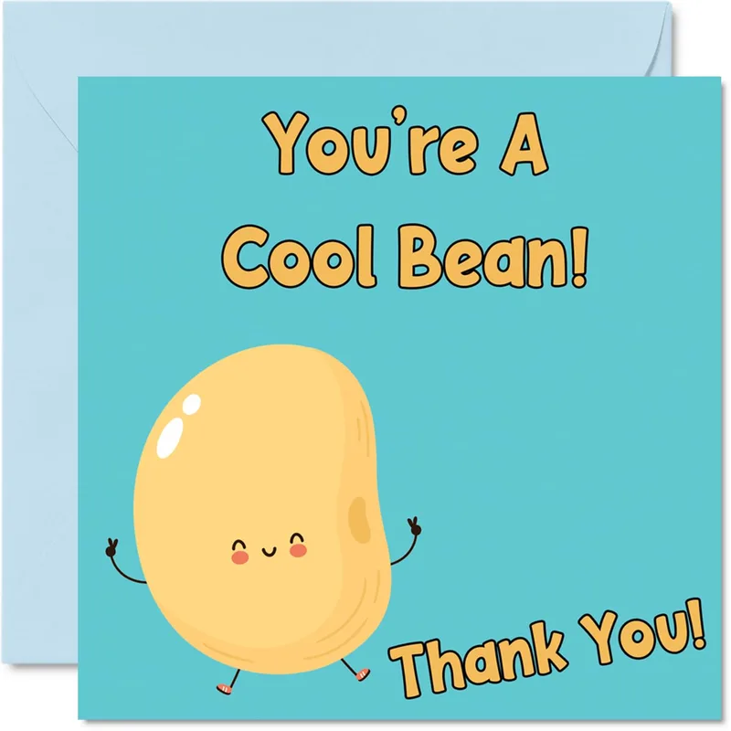 Bean Teal Background Thank You Card features a smiling