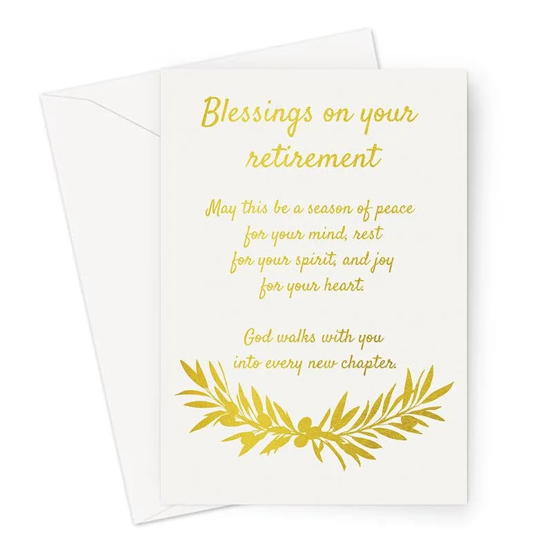 Gold Laurel Retirement Blessing Card features golden script
