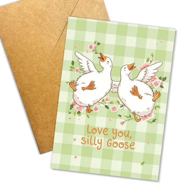 Geese Green Gingham Love Card for a Silly Goose Partner