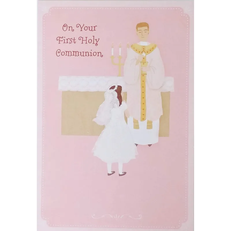 Pink Communion Illustration Card featuring a girl in white