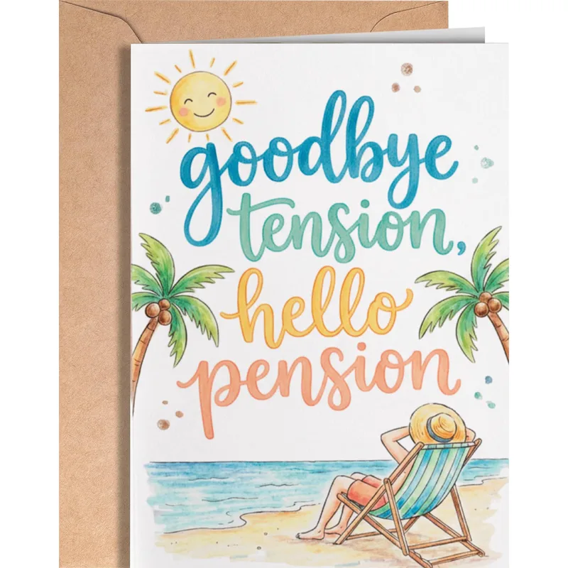 Chair Palm Trees Retirement Card: Goodbye Tension Hello Pension Design