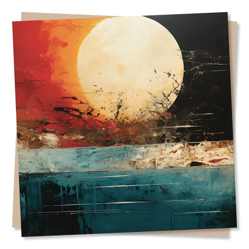 Moon Over Abstract Teal Card: A Large Moon and Sunset Art Design
