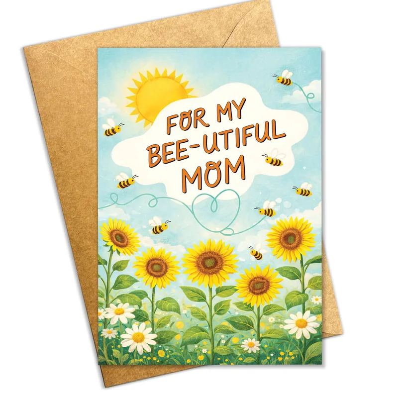 Sunflowers and Bees Blue Card – Greeting Card in natural