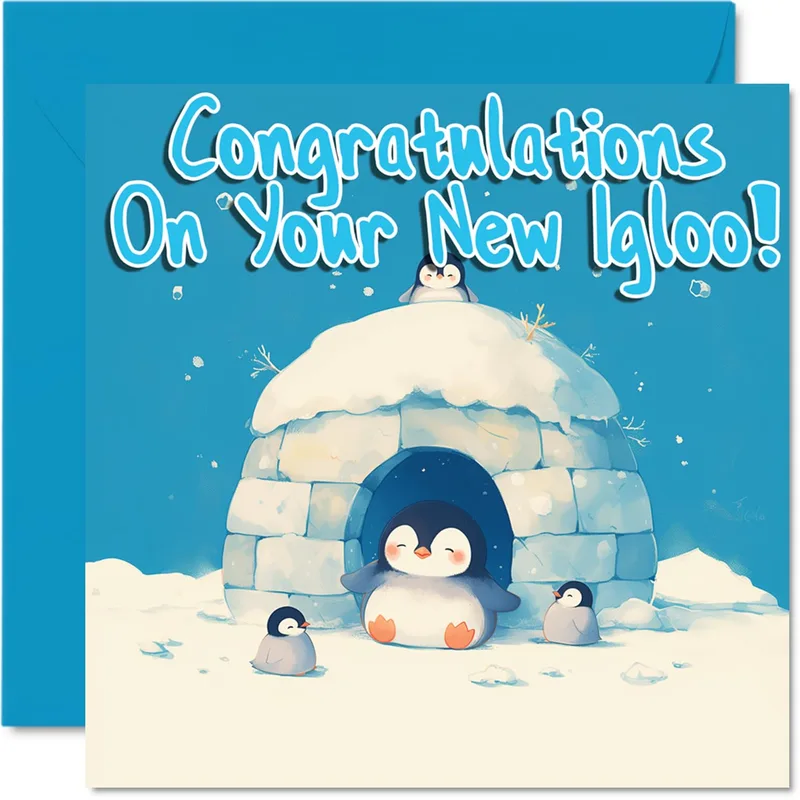 Penguins Igloo Blue New Home Card for a Frosty Move