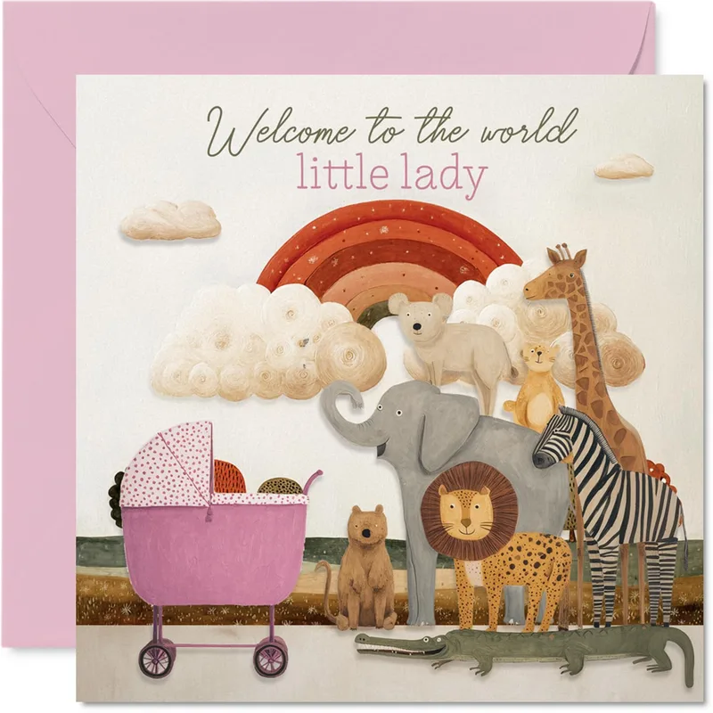 Animals Pink Stroller New Baby Card