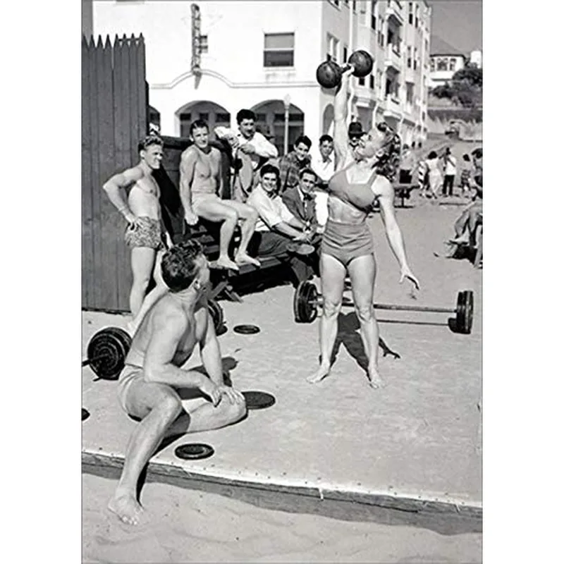 Black White Beach Strongmen Card: A Vintage Female Bodybuilder Design