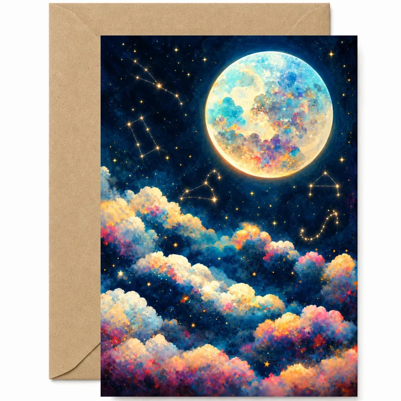 Full Moon Starry Clouds Card – Greeting Card in natural