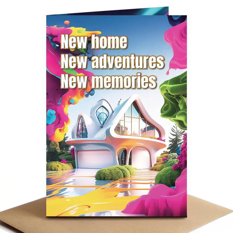 Colorful Futuristic House New Home Card for a Bright Future